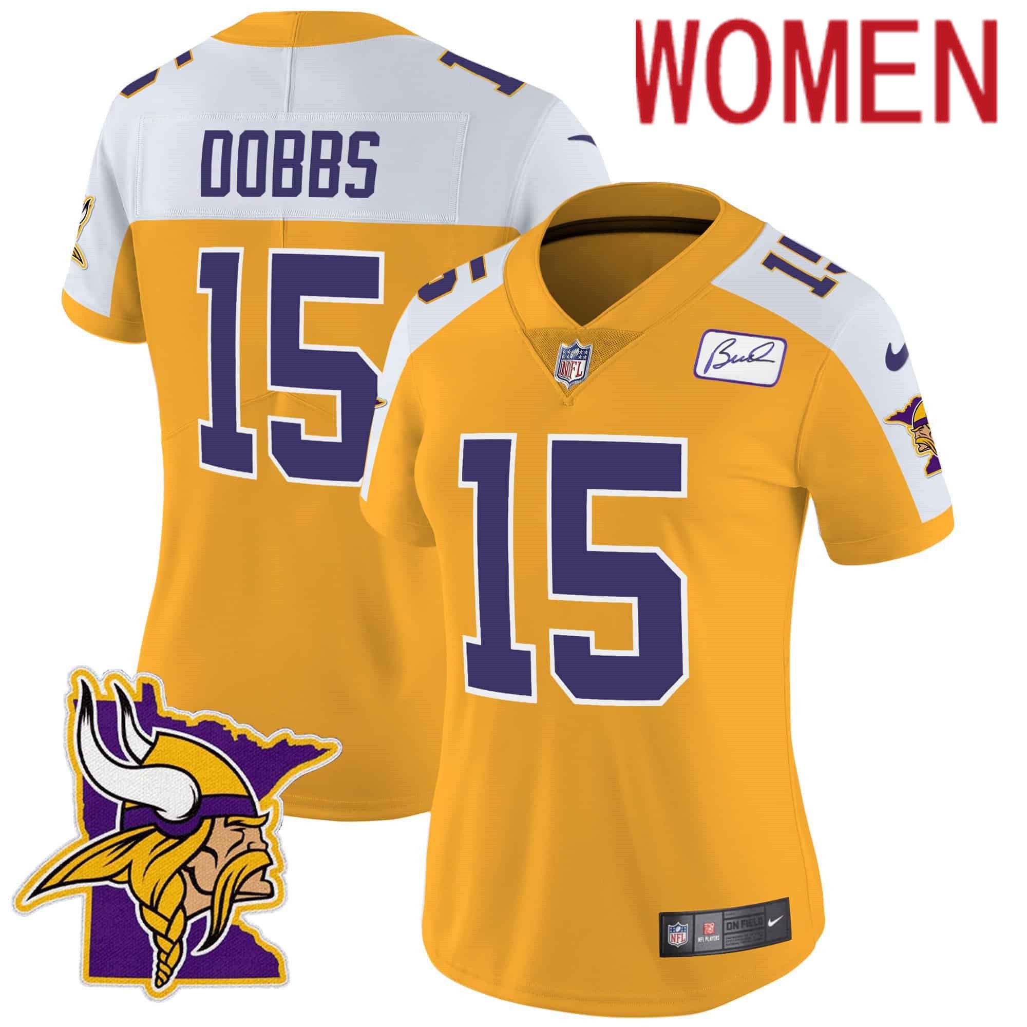Women Minnesota Vikings 15 Dobbs Yellow 2024 Nike Prince Vapor Limited NFL Jersey style 1